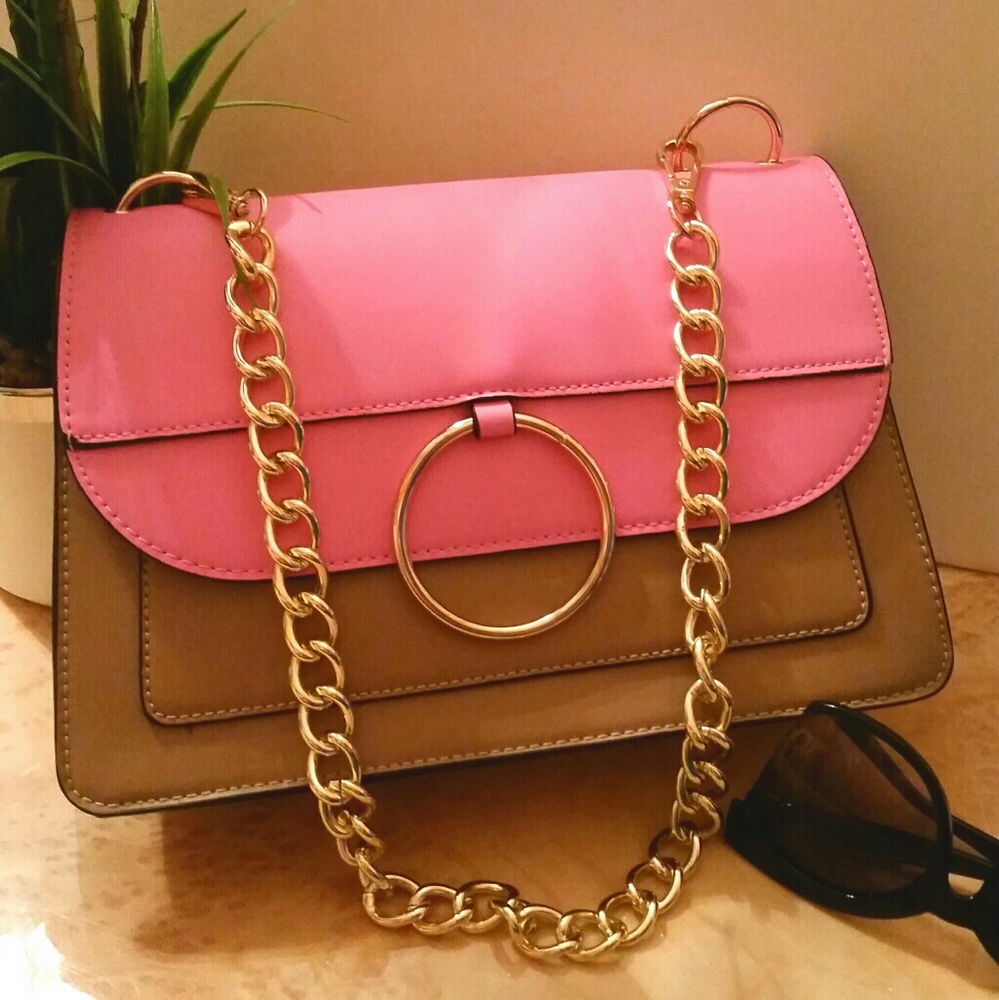 PINK & BROWN CHAIN LINK HANDBAG - SML/MED - Picture 1 of 6